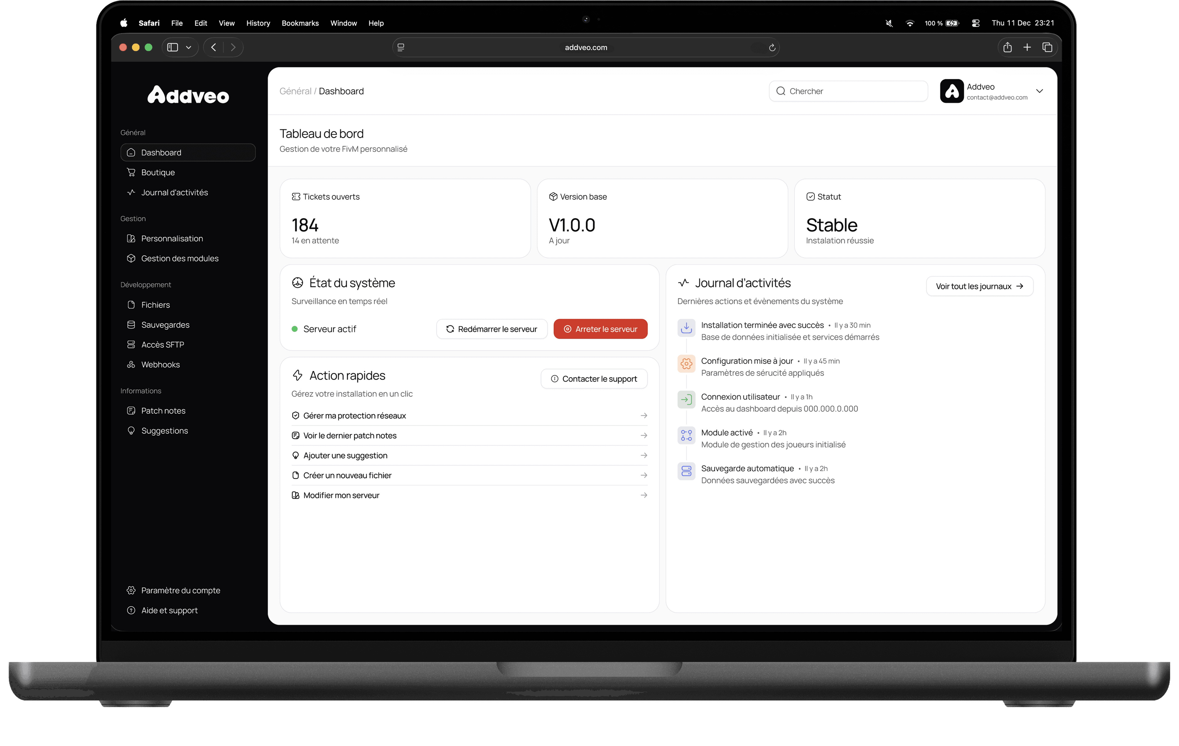 Macbook du dashboard d'Addveo Hub